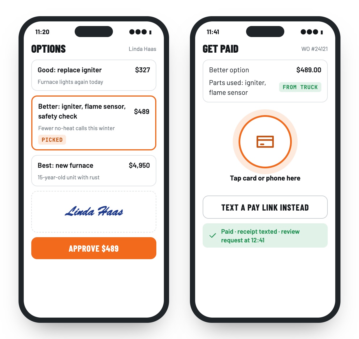 FieldPortalHQ quote with good, better and best options signed by the customer, then a tap-to-pay screen with the parts used