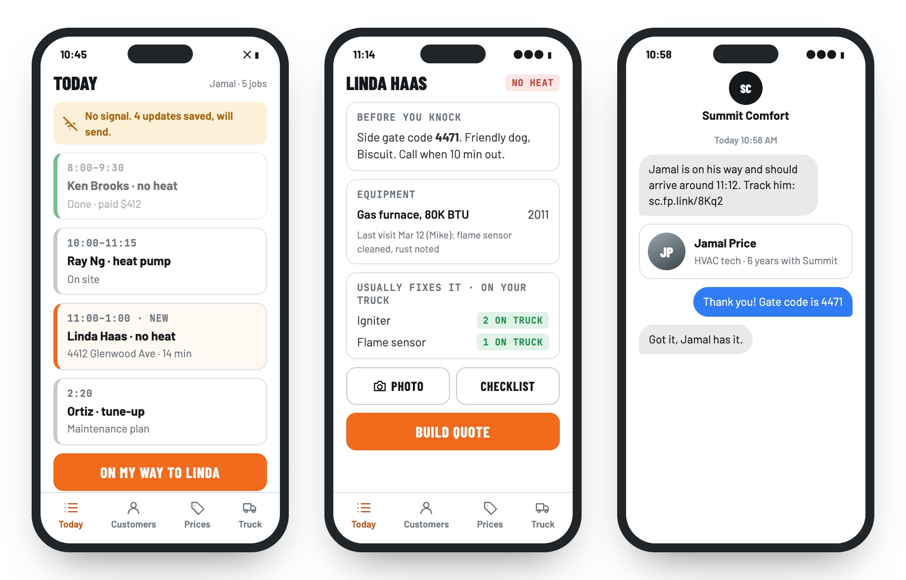 FieldPortalHQ tech app: today's jobs saved with no signal, the job screen with gate code, equipment and parts on the truck, and the customer's on-my-way text