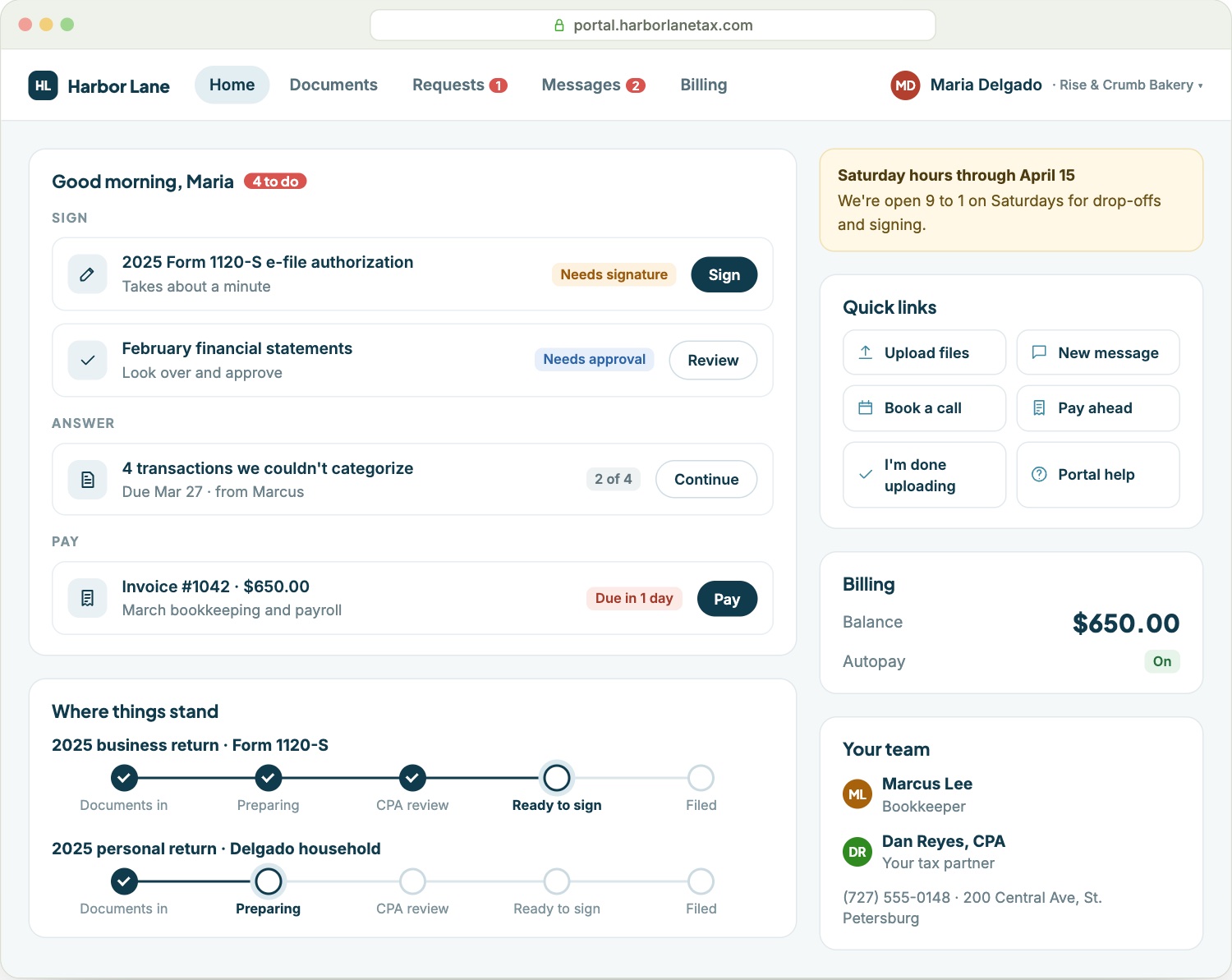 FirmPortalHQ client portal home with to-dos, return status and balance