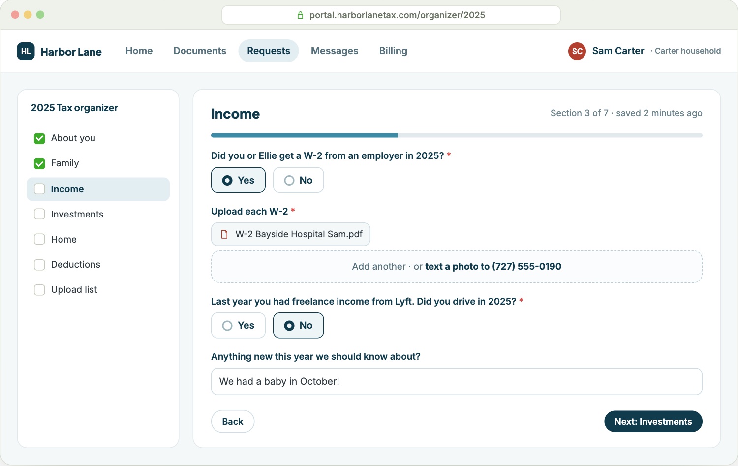 FirmPortalHQ client organizer: one section at a time, with a W-2 upload and a question based on last year's return