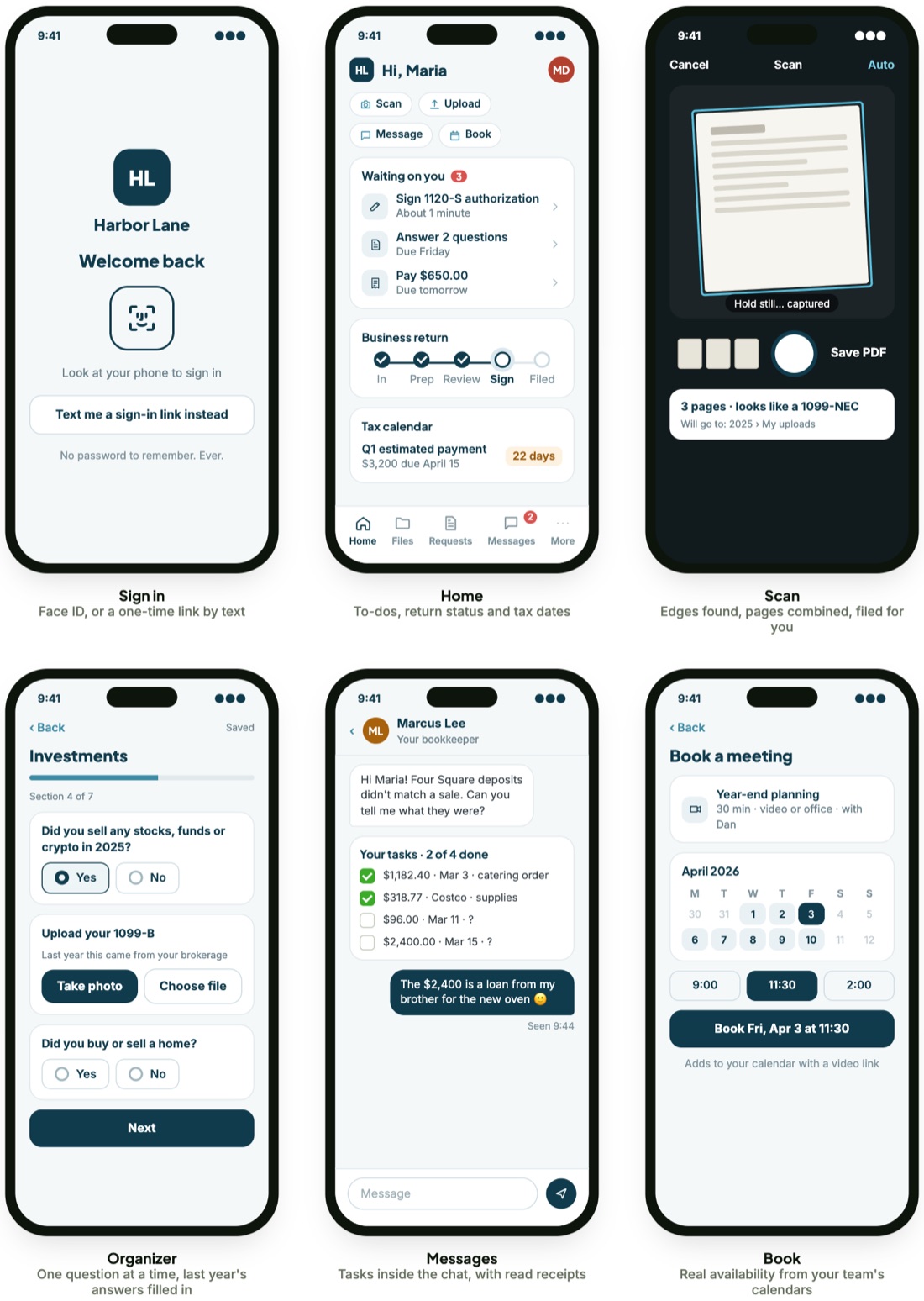 FirmPortalHQ client app screens: sign in with Face ID, home with to-dos and return status, document scanner, an organizer question, messages with tasks, and booking a meeting