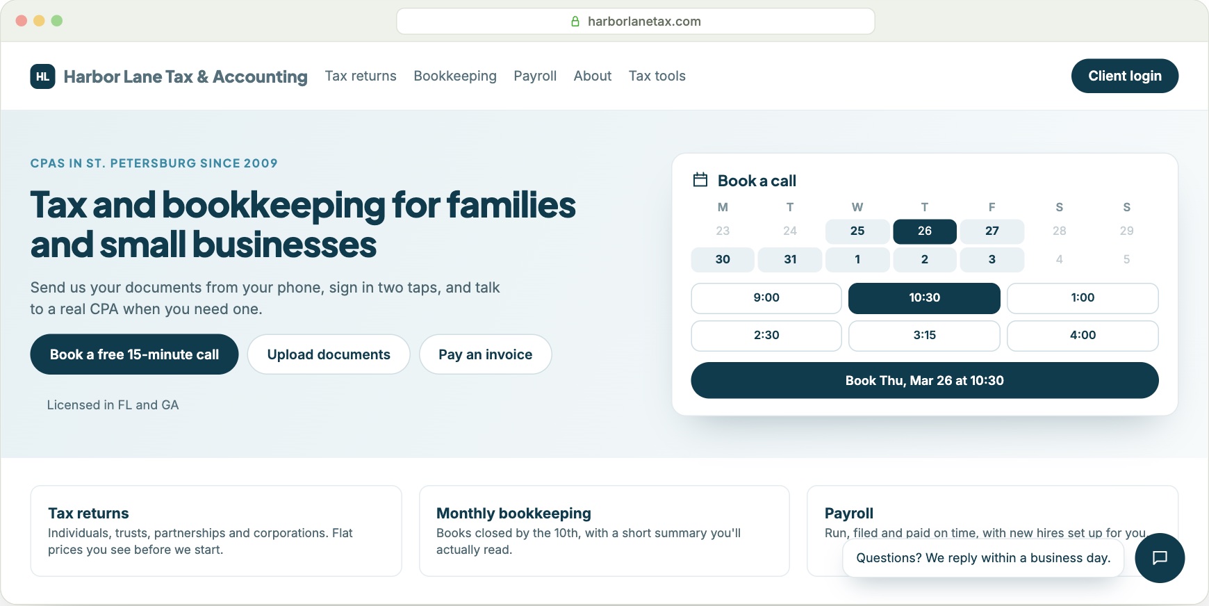 A firm website on FirmPortalHQ with booking, document upload, invoice payment, chat and client login built in