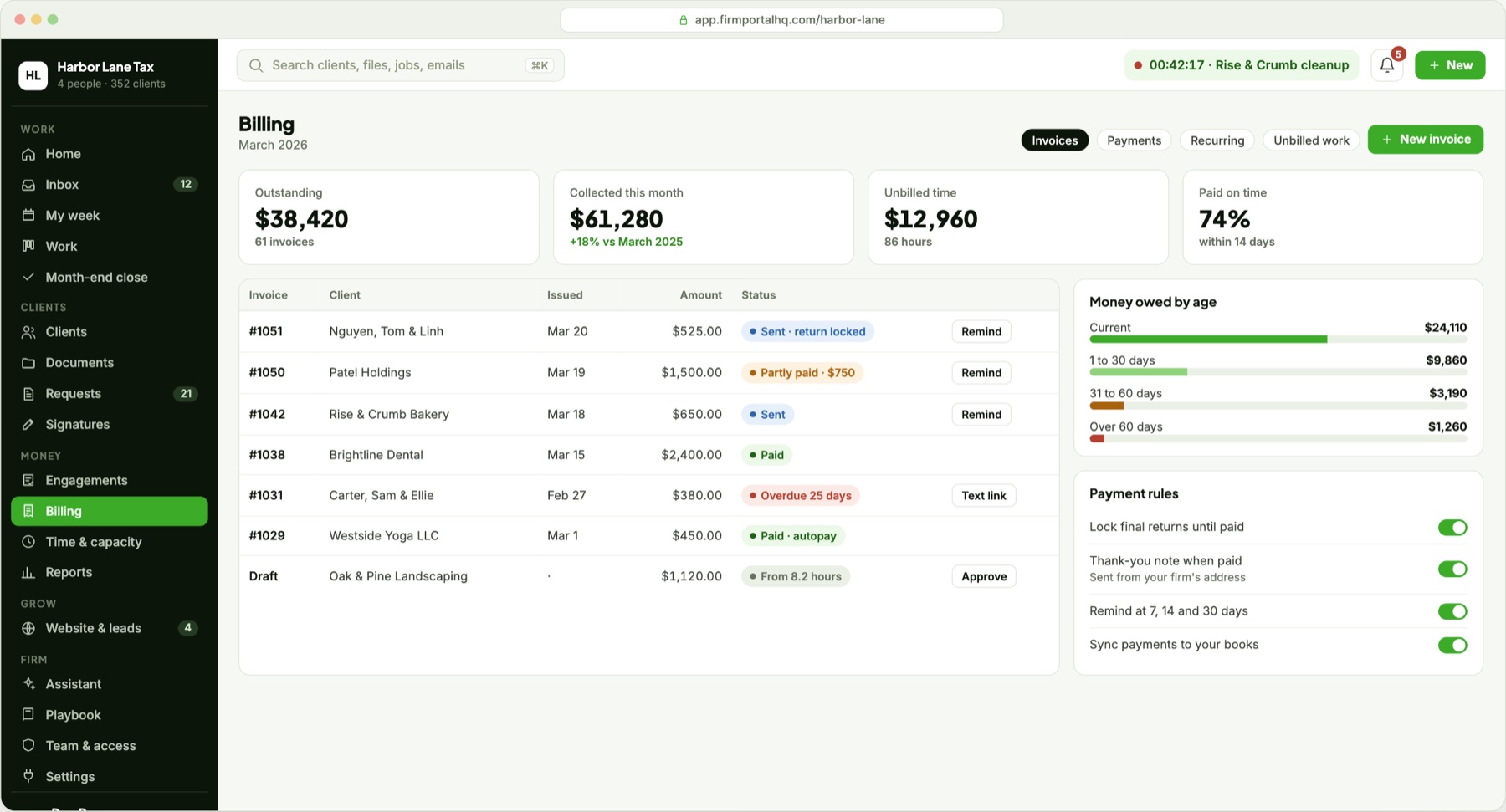 FirmPortalHQ billing with invoices, payment status and accounts receivable aging