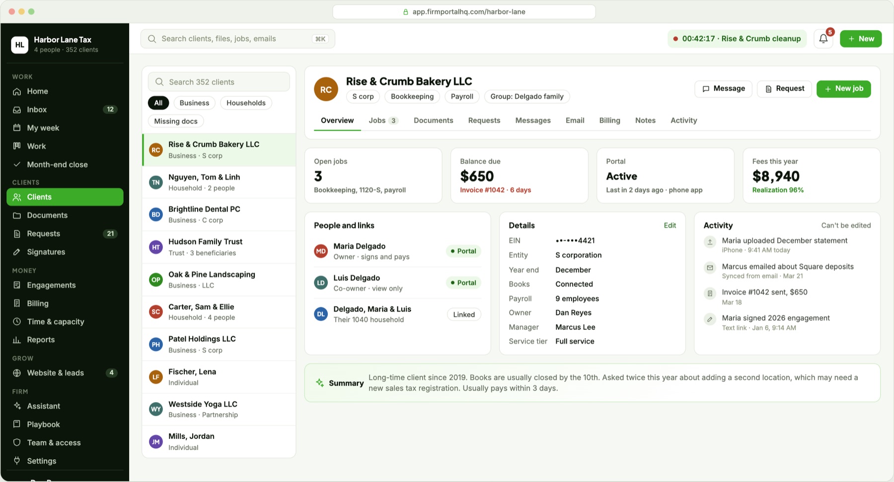 FirmPortalHQ client record with linked people, open jobs, balance due, details and an activity history