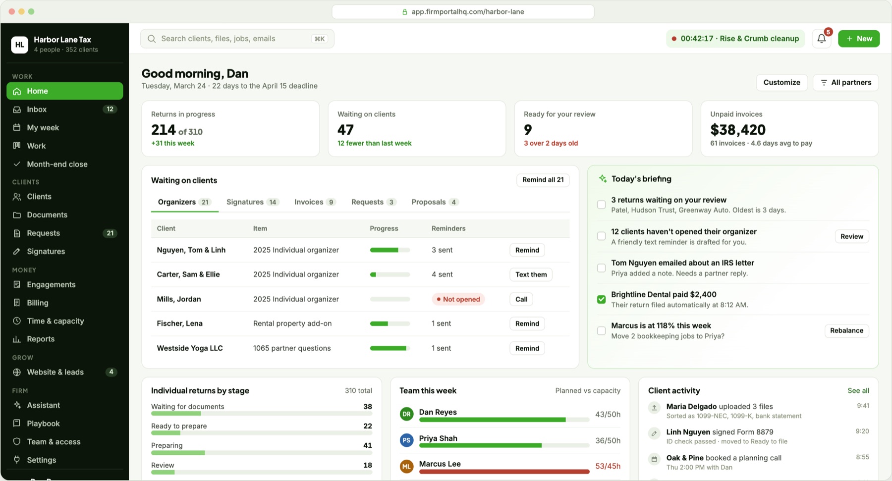 FirmPortalHQ firm dashboard: returns in progress, clients still owing documents, today's briefing and the team's week