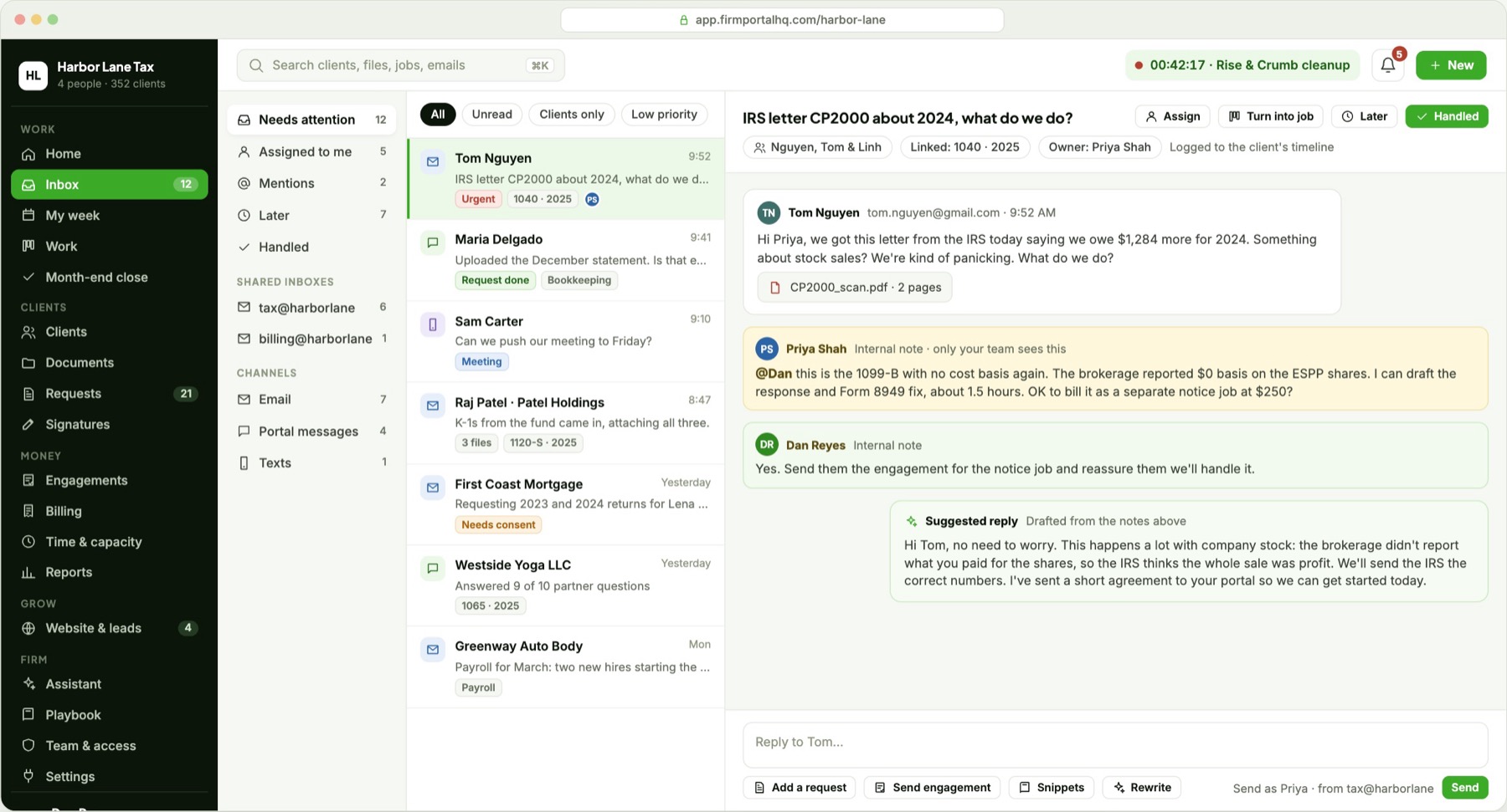 FirmPortalHQ shared inbox combining email, portal messages and texts, with assignment and internal notes