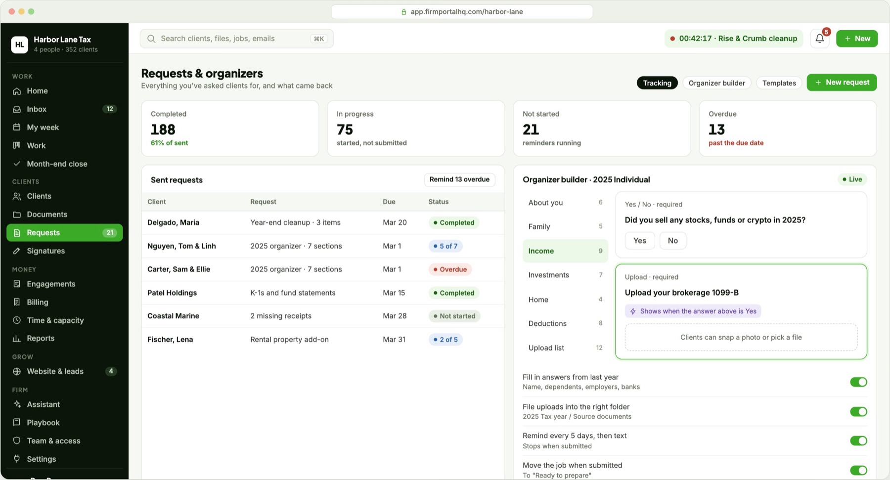 FirmPortalHQ requests and organizers: completed, in progress, not started and overdue, with the organizer builder and its reminder settings