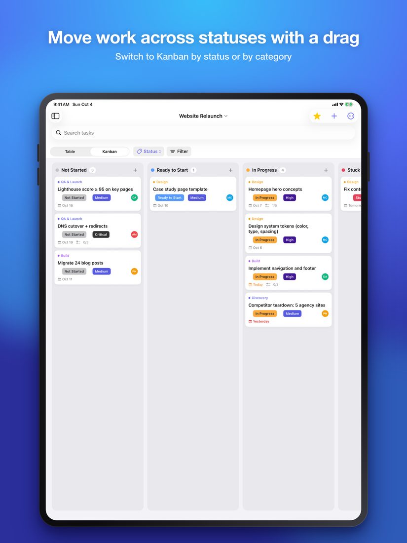 Move work across statuses with a drag (iPad)