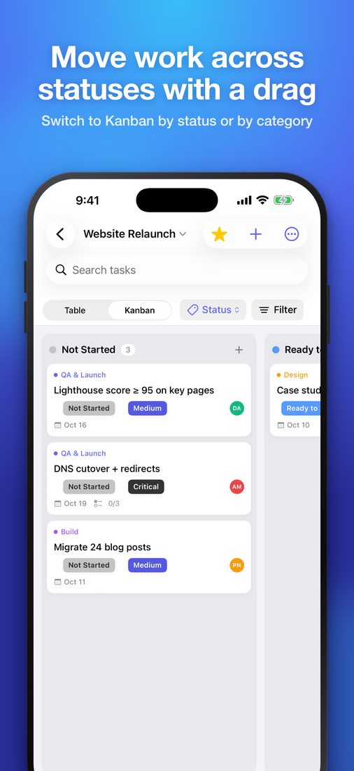Move work across statuses with a drag (iPhone)