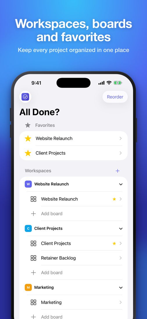 Workspaces, boards and favorites (iPhone)