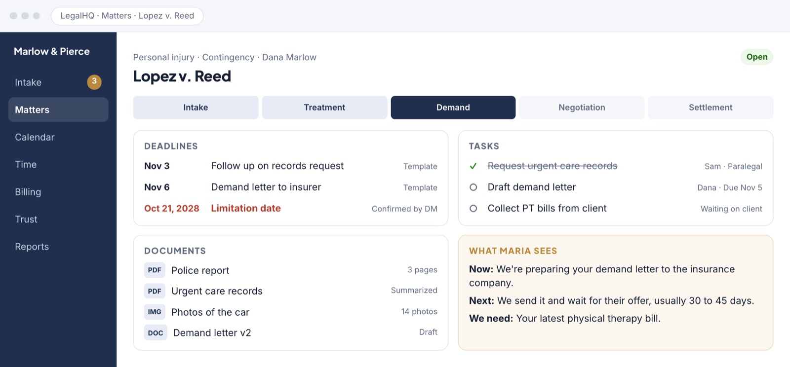 LegalHQ matter screen with deadlines, tasks, documents and the status the client sees