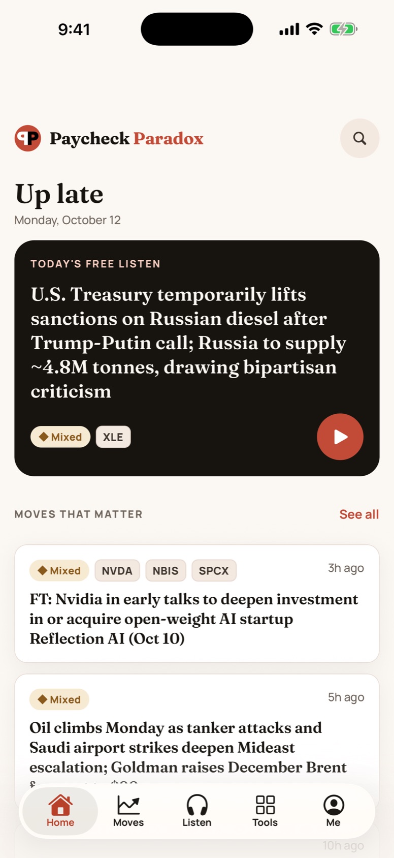 Home: today's free listen and the latest Moves That Matter