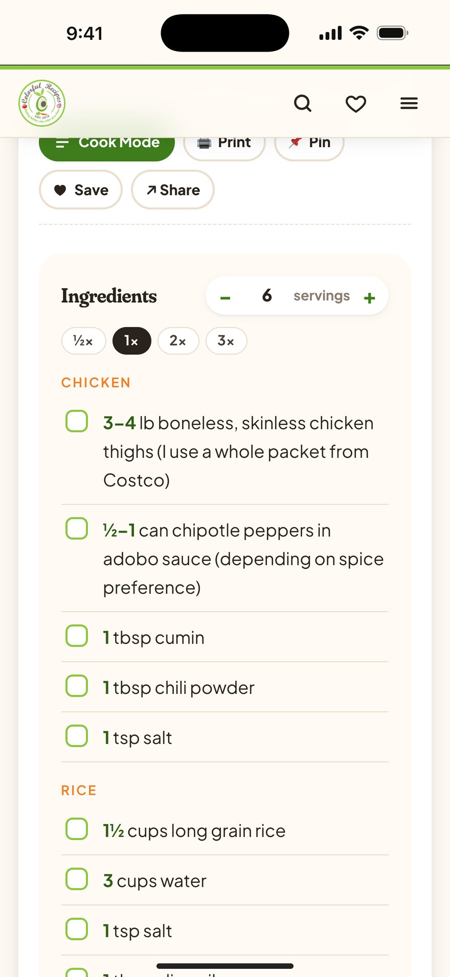 Colorful Recipes: Ingredients and serving scaler on an iPhone