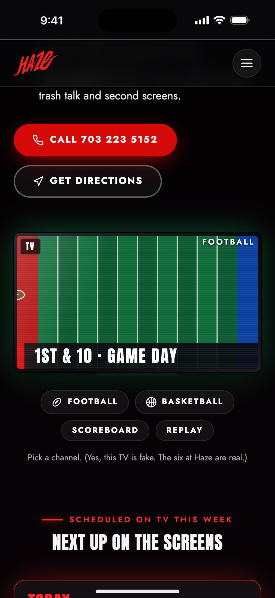 Haze Hookah Cafe: Weekly game schedule on an iPhone