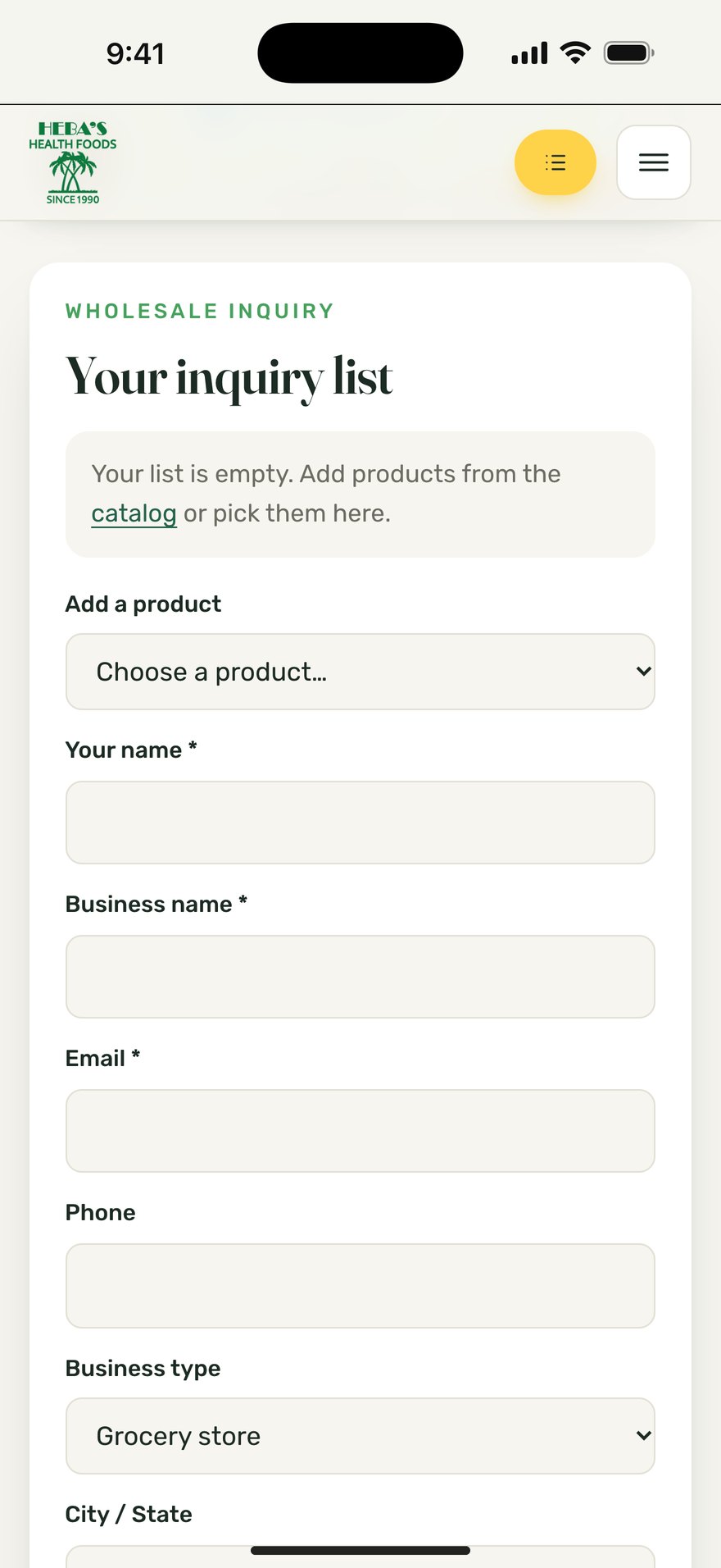 Heba's Health Foods: Wholesale inquiry on an iPhone