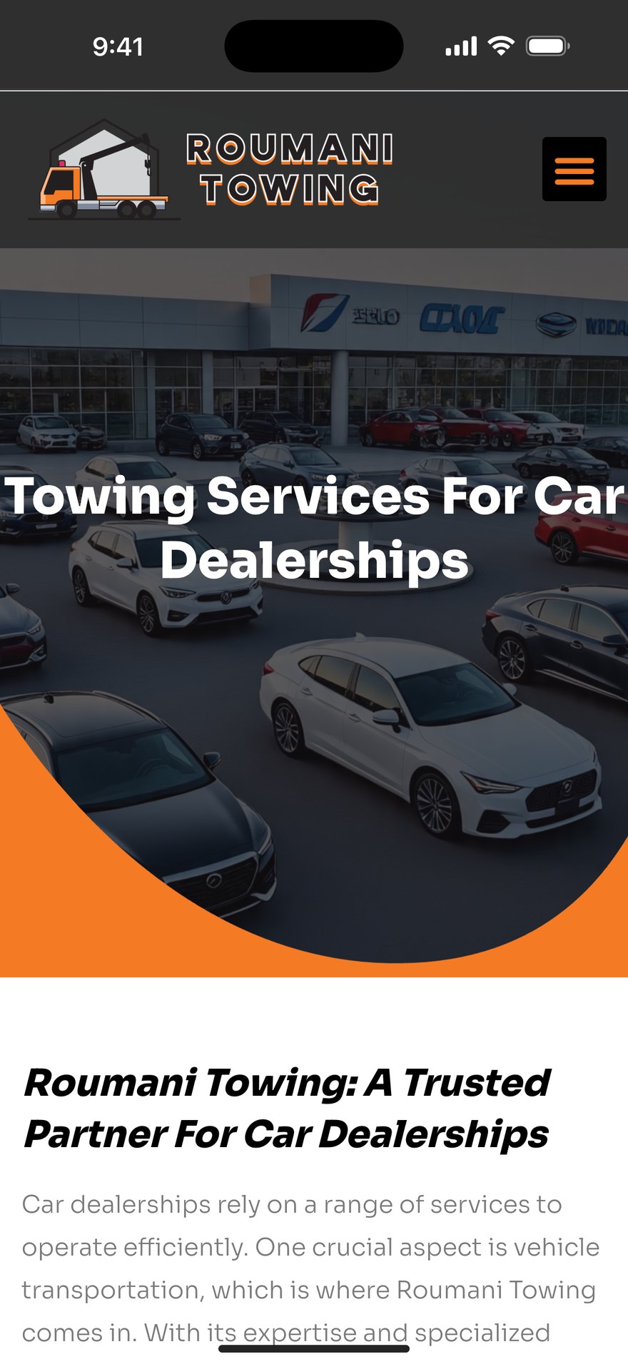Roumani Towing: Dealership towing page on an iPhone