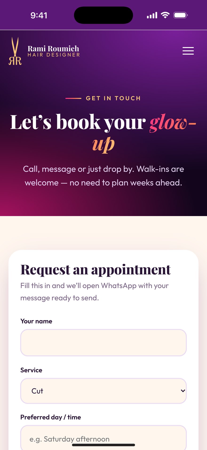 Salon Rami: Book an appointment on an iPhone