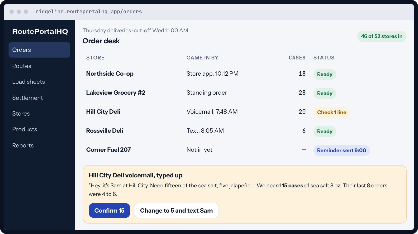 RoutePortalHQ order desk with orders from the store app, a voicemail and a text