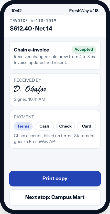 RoutePortalHQ invoice with the store receiver's signature on the phone, payment options and an optional DEX check-in