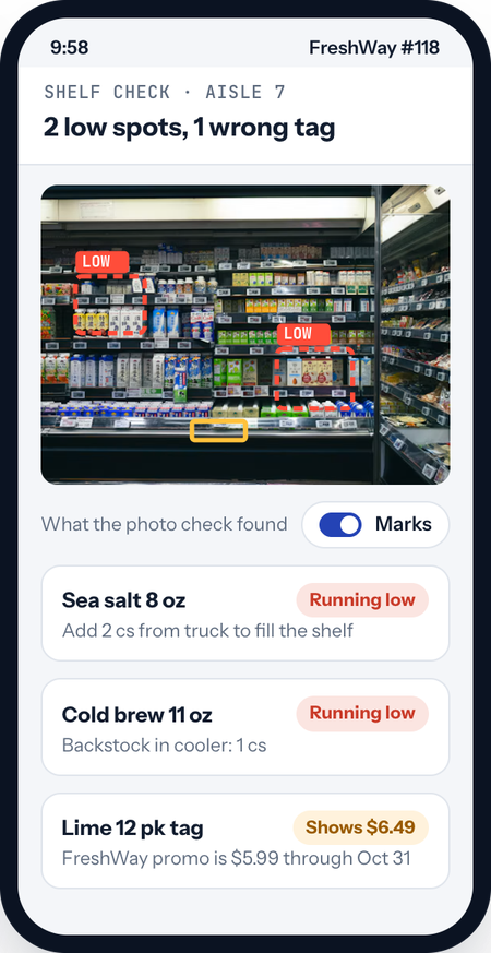 RoutePortalHQ shelf photo check: two low spots and a wrong price tag found in a beverage aisle photo