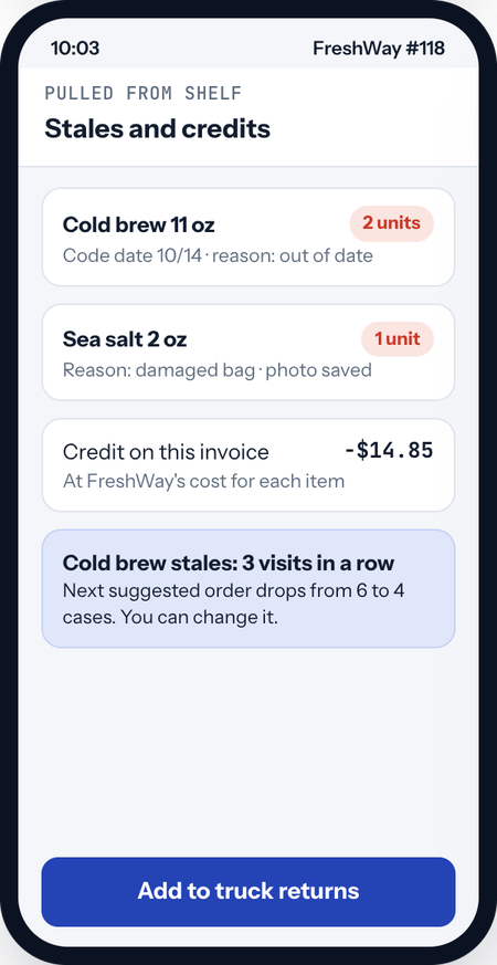 RoutePortalHQ stales and credits: items pulled with reasons, and a credit on the invoice